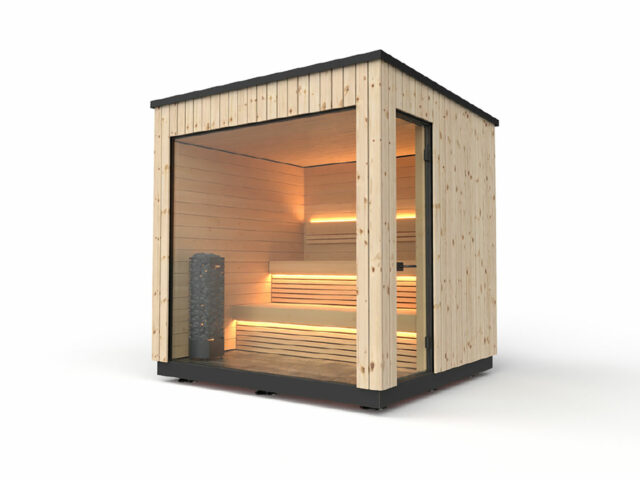 Gold Sauna Premium one in Fichte Natur mit Panoramaglas für den Garten