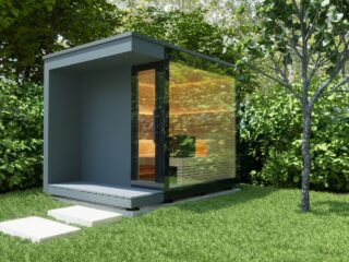 Gold Sauna garden mit Panoramaglas und HPL Verkleidung