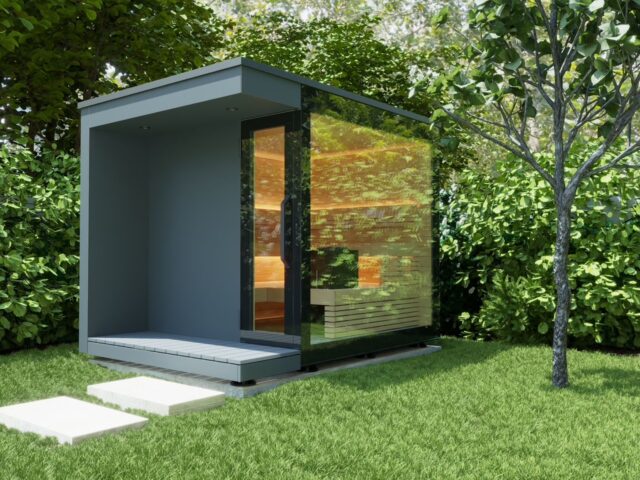 Gold Sauna garden mit Panoramaglas und HPL Verkleidung