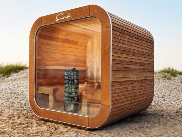 Outdoor Sauna SunCube Panorama mit großer Glasscheibe