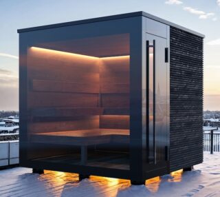 Gold Sauna Skyline mit Panorama Glas